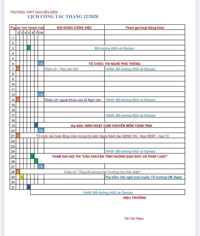 LỊCH CÔNG TÁC THÁNG 12 - NĂM 2020